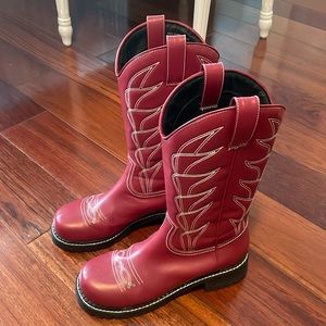 Dark red, cowboy boots with white stitching from urban outfitters
